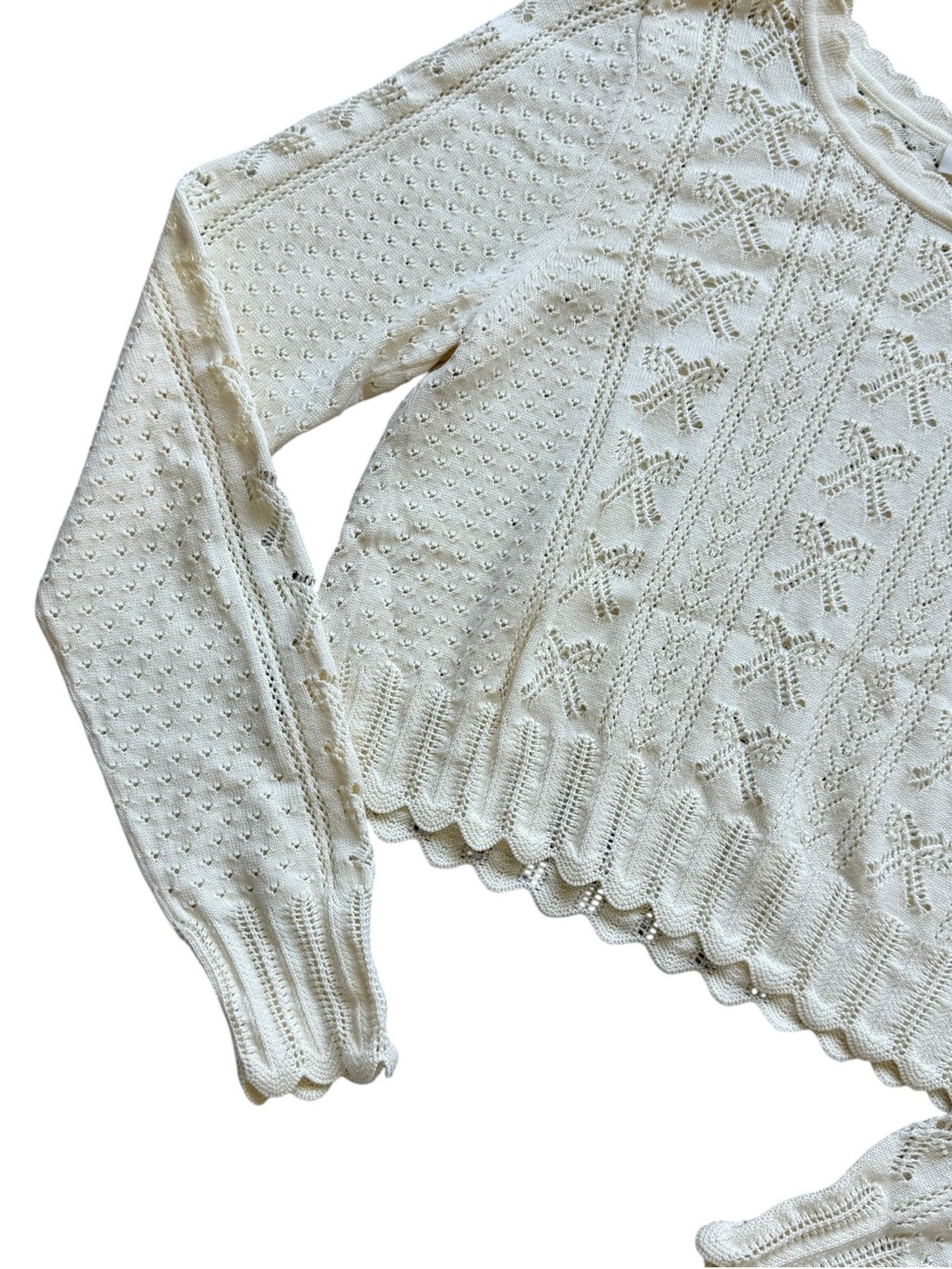LoveShackFancy Sinfonia Cropped Pullover Cream Pointelle Bow Knit Sweater Small - Picture 6 of 13